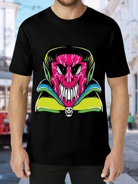 Black Graphic Skull Face T‑Shirt with Neon Pink & Lime Design